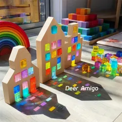 Rainbow Acrylic Lucite Cubes Blocks Stacking Wooden Dutch House X Bricks Open-ended Play Kids Learning Color Toys Birthday Gift