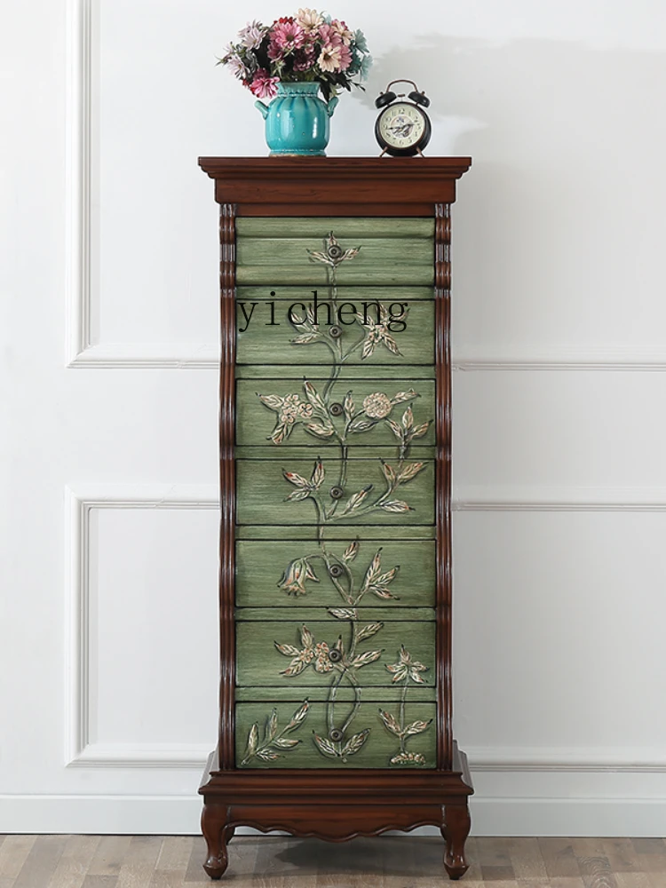 XL 7-Drawer Cabinet Living Room Entrance Curio Cabinet Vintage Painted Bedroom Drawer Storage Cabinet