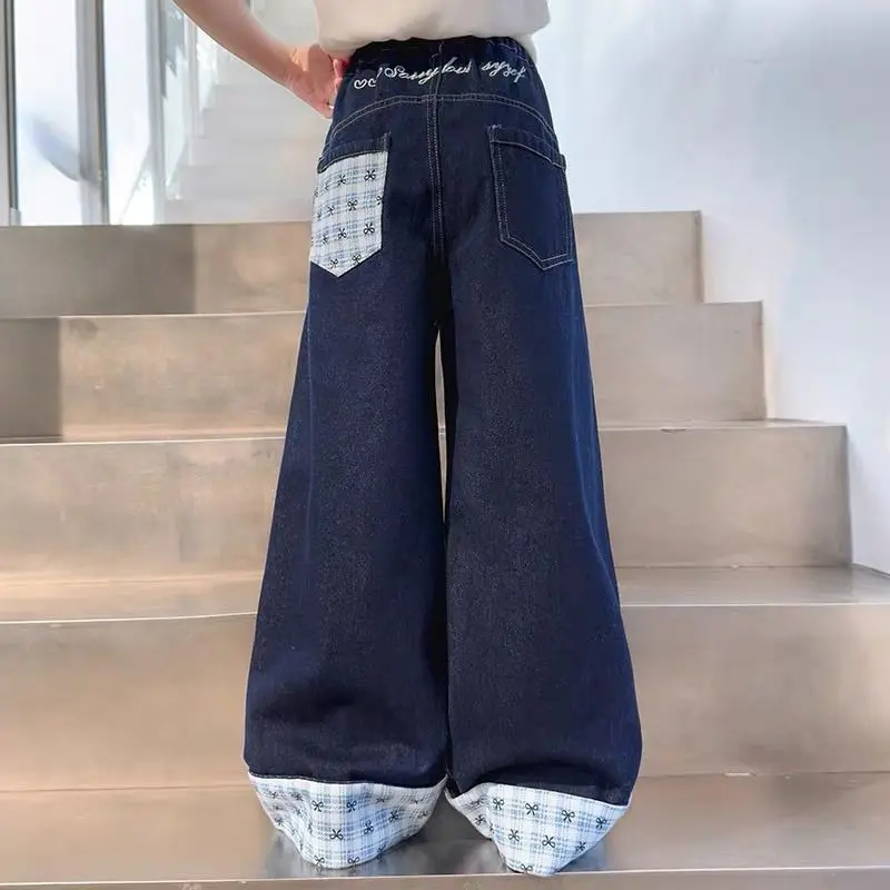 

Новинка весны и осени 2023 года, широкие джинсы в корейском стиле для девочек с бантом и закрученным краем, размер подростков 120-170 см, хлопковые повседневные брюки