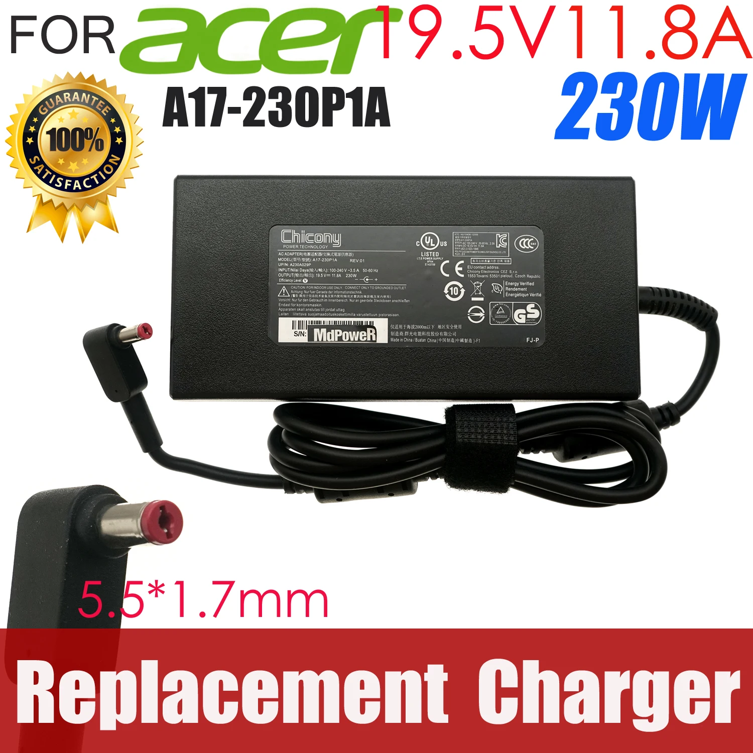 

Replace Chicony A17-230P1A 19.5V 11.8A 230.1W A230A033P Power Supply AC Adapter For ACER 230W Laptop Charger DELTA ADP-230JB D