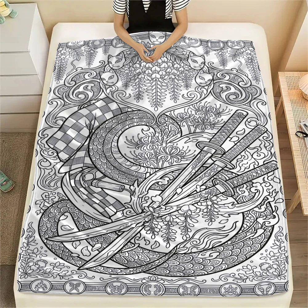 Demon Slayer Character Print Flannel Blanket Warm Soft Throw for Bed Sofa Chair Travel Picnic Cozy Home Bedding-Xin