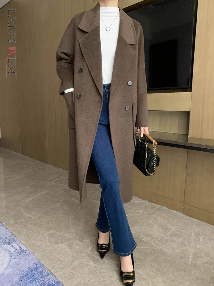 

[LANMREM] Elegant 100% Wool Coats For Women Notched Double Breasted Office Lady Warm Long Outwear Fashion 2024 Winter New 26C990