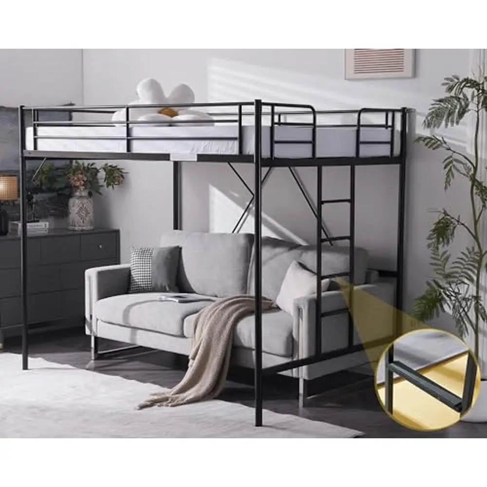 Metal Loft Bed Full Size Adults Kids Young Teens 440lb Capacity Black Finish No Box Spring Needed Flat Rungs Easy Assembly Space