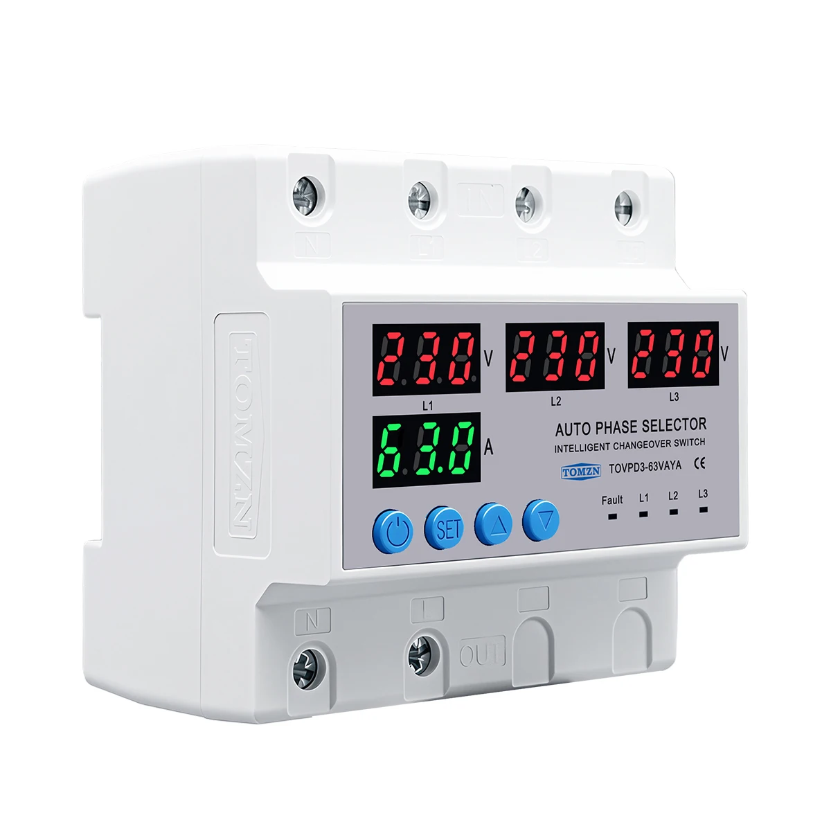 63A TOMZN 3 Phase 3P+N DIN Rail Phase Selector Adjustable Over And Under Voltage Current Protection Monitor Relays Protector