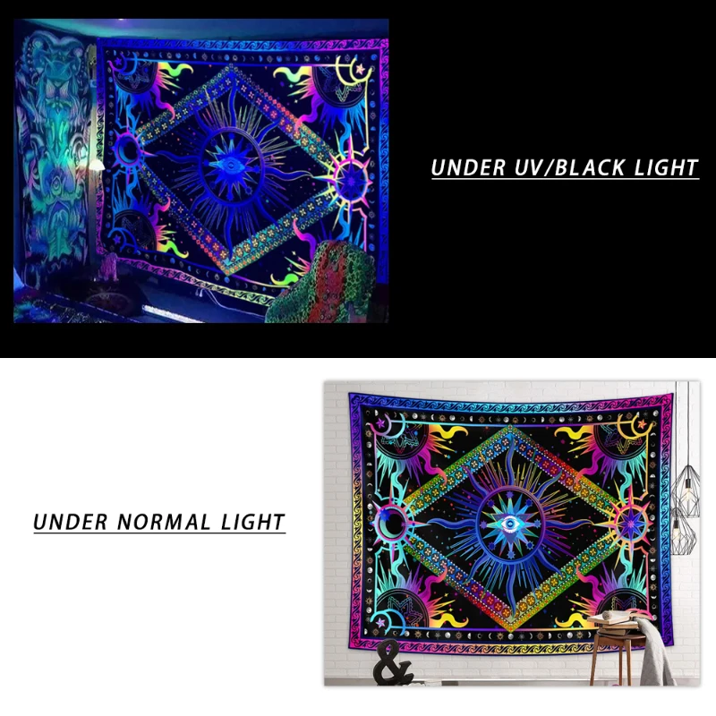 1pc fluorescente burning sun e arazzo a luce nera, arazzo geometrico in stile hippie UV, decorazione della stanza da appendere alla parete