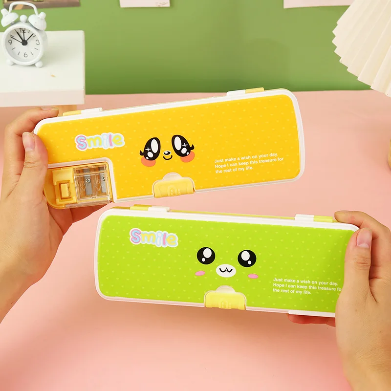 Creative Double Layer Opening Pencil Case with Pencil Sharpener Cute Cartoon Pencil Case Student Pencil Box Storage Organizer