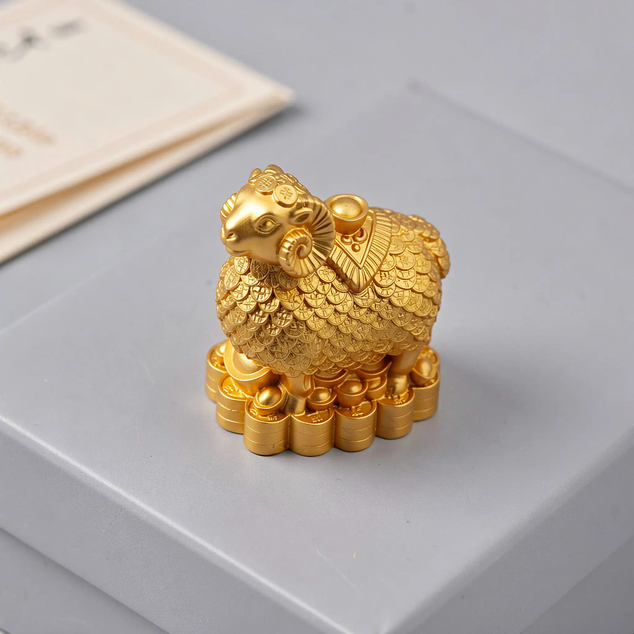 Resin Sheep Statue Hand Carved Golden RAM Coin Ingot Feng Shui Decor Lucky Prosperity Wealth Home Office Ornament