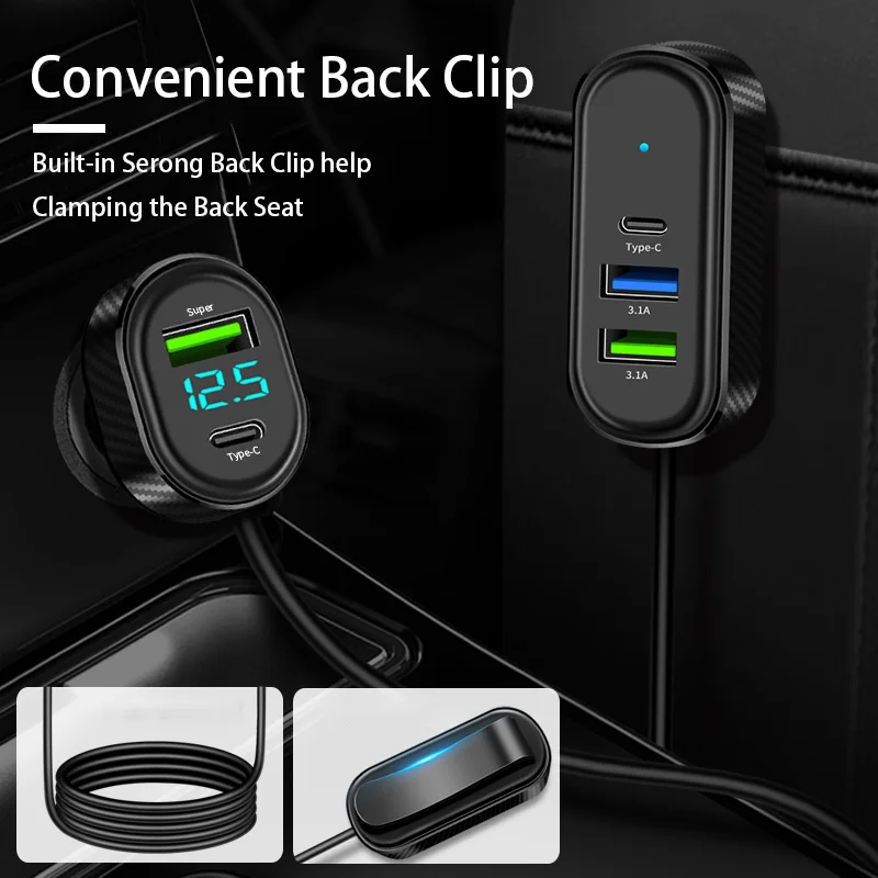 5 in 1 Car Charger Super 100W Fast Charging USB Type C 3.1A Charging With Voltage Detection 1.5M Extension Cable Phone Charger