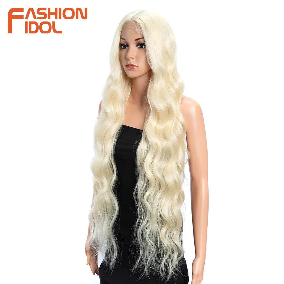 FASHION IDOL 36 Inch Deep wave Lace Front Wigs For Black Women Ombre 613# White Heat Resistant Long Wavy Cosplay Wigs Synthetic