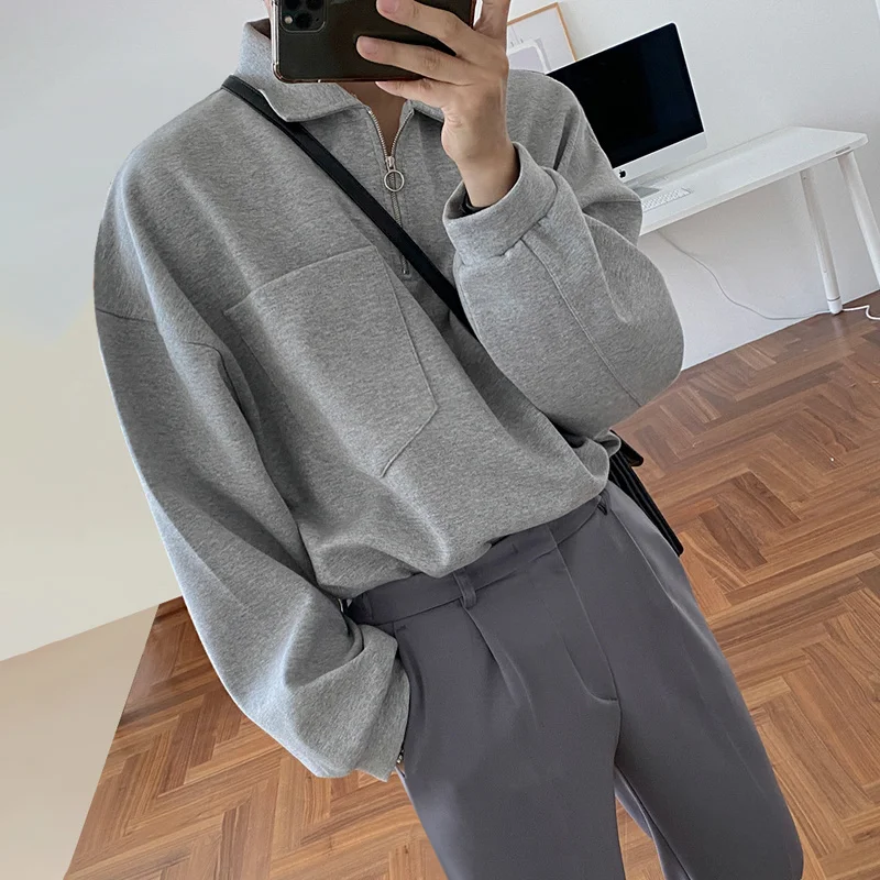 IEFB Men\'s Lapel Oversized Sweatshirt Long Sleeve Loose Single Pockets Design Pullover Tops Korean Chic Clothing Thick 9D1250