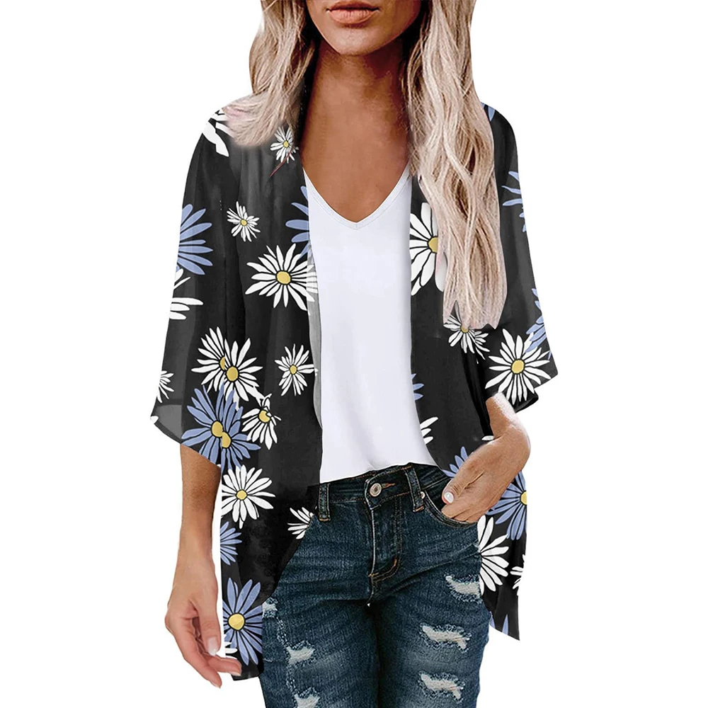 New Women\'s Tops Loose Floral Print Chiffon Coverups Beach Swim Bikini Kimono Cardigan Puff Sleeve Cover Ups Blouse for Swimwear