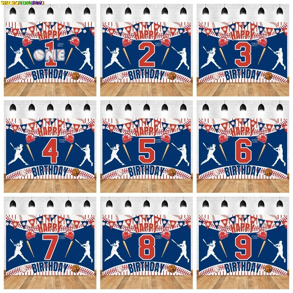 

Baseball Theme Birthday Party Backdrop Blue Red Helmet Glove Baby Kids Custom Photography Background Decor Banner Photo Studio