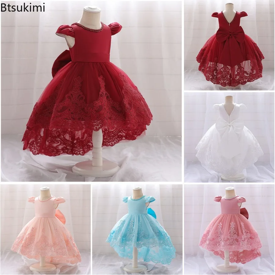 Toddler Baby Girls 1st Birthday Pink Baptism Dress Infant Bow Lace Wedding Party Dresses 0-5Y Kids Girl Trail Princess Clothes