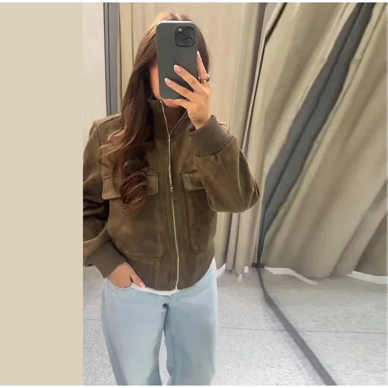 Autumn Women Cropped Flight Er Jacket Suede-Like Fabric Ribbed Collar Cuff Hem Zip Up Big Pockets Vintage Female Outerwear