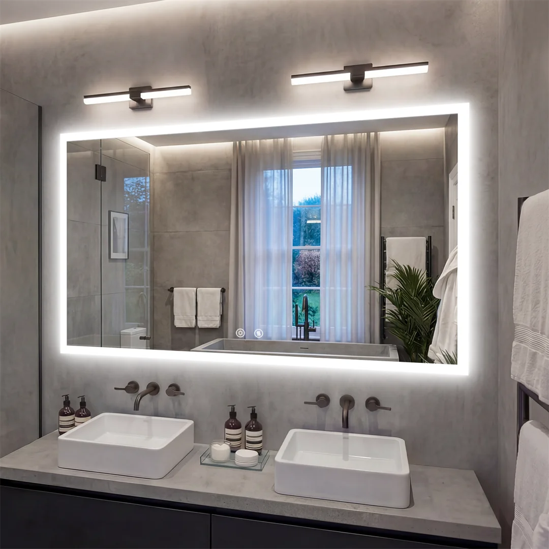 LED Rectangular Wall Mount Smart Bathroom Vanity Mirror Tempered Glass with 3 Color Temperature Options And Defog Feature for Makeup