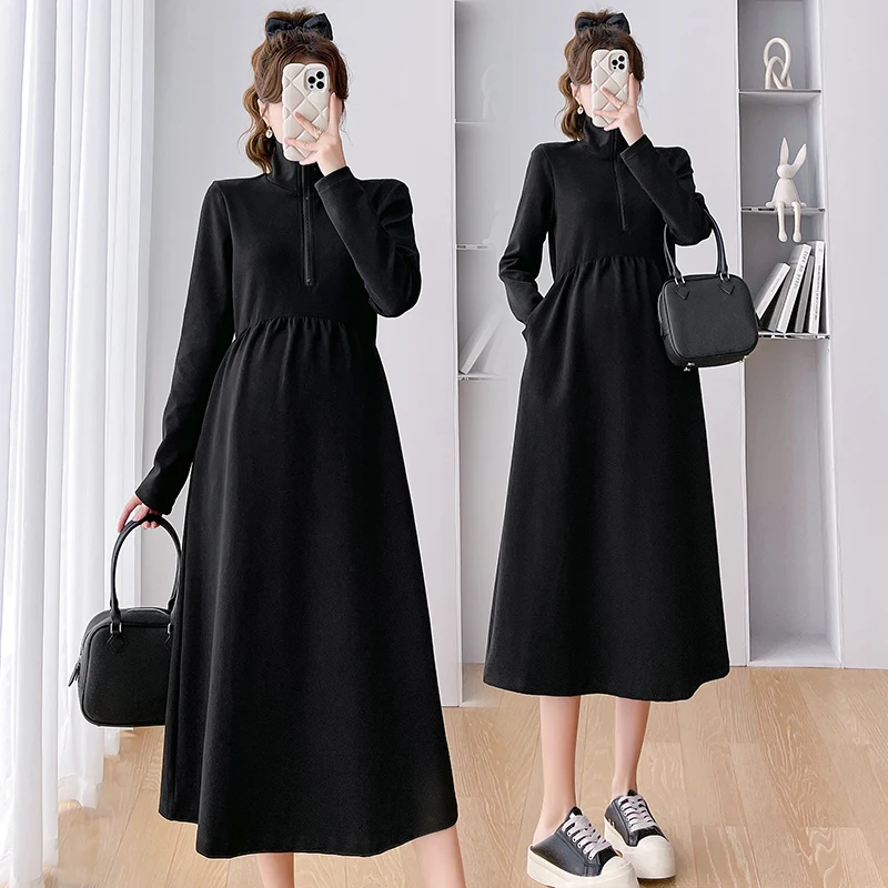 8155# 2023 Autumn Vintage Maternity Long Dresses Elegant A Line Slim Clothes for Pregnant Women Casual Pregnancy Clothing