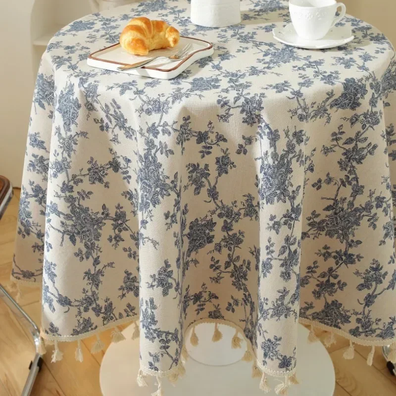 Floral Linen Cotton Tablecloth Pastoral Floral Rustic Washable Round Table Cover For Farmhouse Decor,Picnic,Tabletop Decor