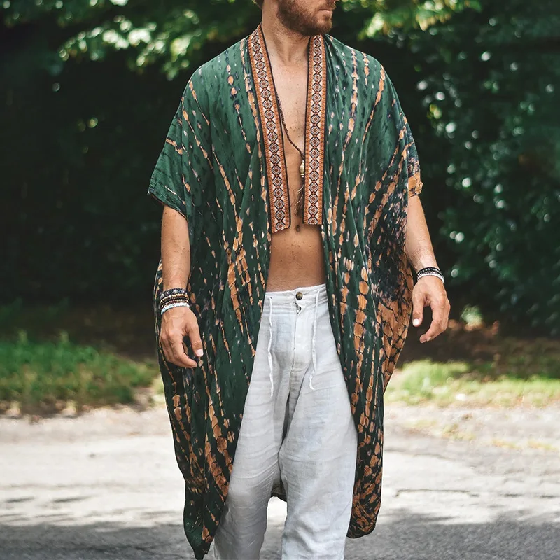 

Summer Hawaiian Vacation Beach Sunscreen Cloak Men New Fashion Graphic Print Long Shirt Casual Loose Shawl Top Cape Coat for Men