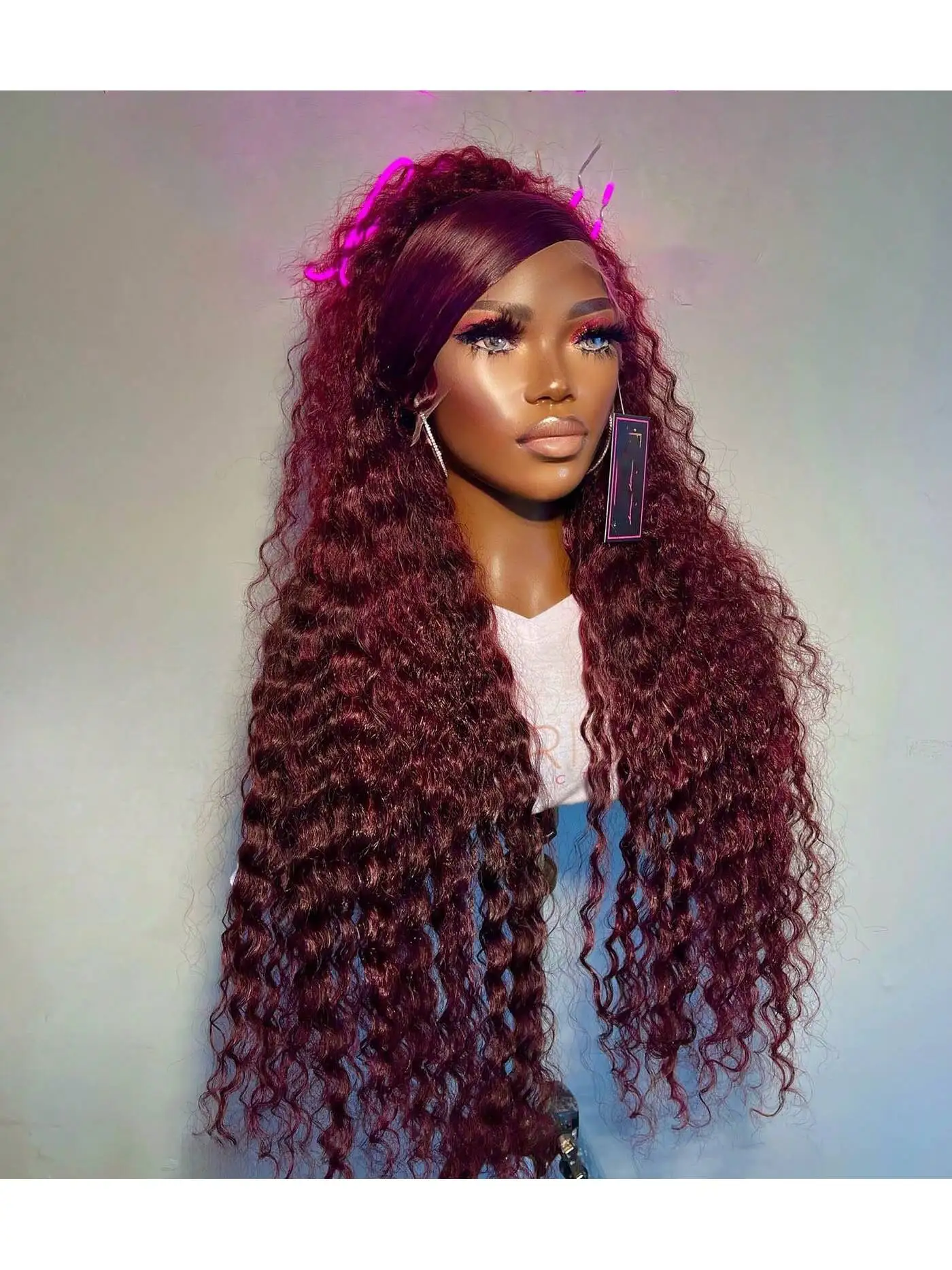 Pelucas de cabello humano Frontal de encaje transparente Borgoña 13x4 HD peluca rizada de onda profunda para mujeres 99j color rojo 34 pulgadas 200% prearrancado