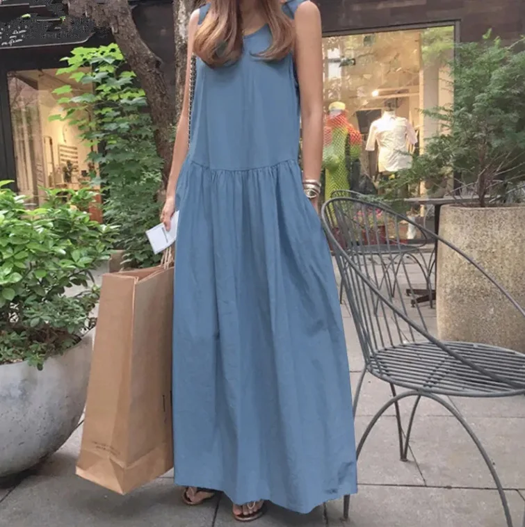 Women\'s Dress 2025 Summer Cotton and Linen Casual Round Neck Sleeveless Large Size Loose Solid Color Vest Long Swing Dress