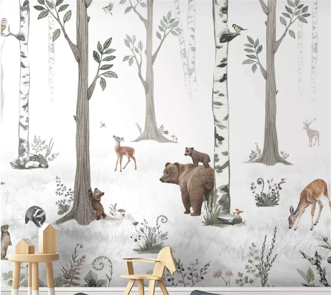 Customized mural watercolor forest modern minimalist Nordic children's background wall cartoon small tree bedroom wallpaper