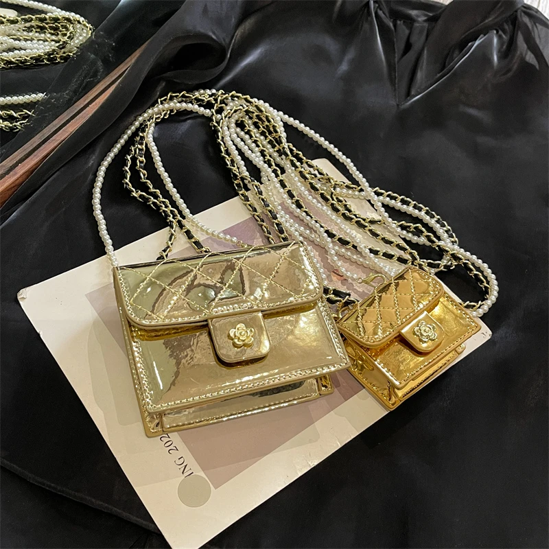 Super Mini Patent Leather Crossbody Bag For Women 2024 New Fashion Pearl Chain Handbag Coin Purse Gold Silver Lady Lipstick Bag