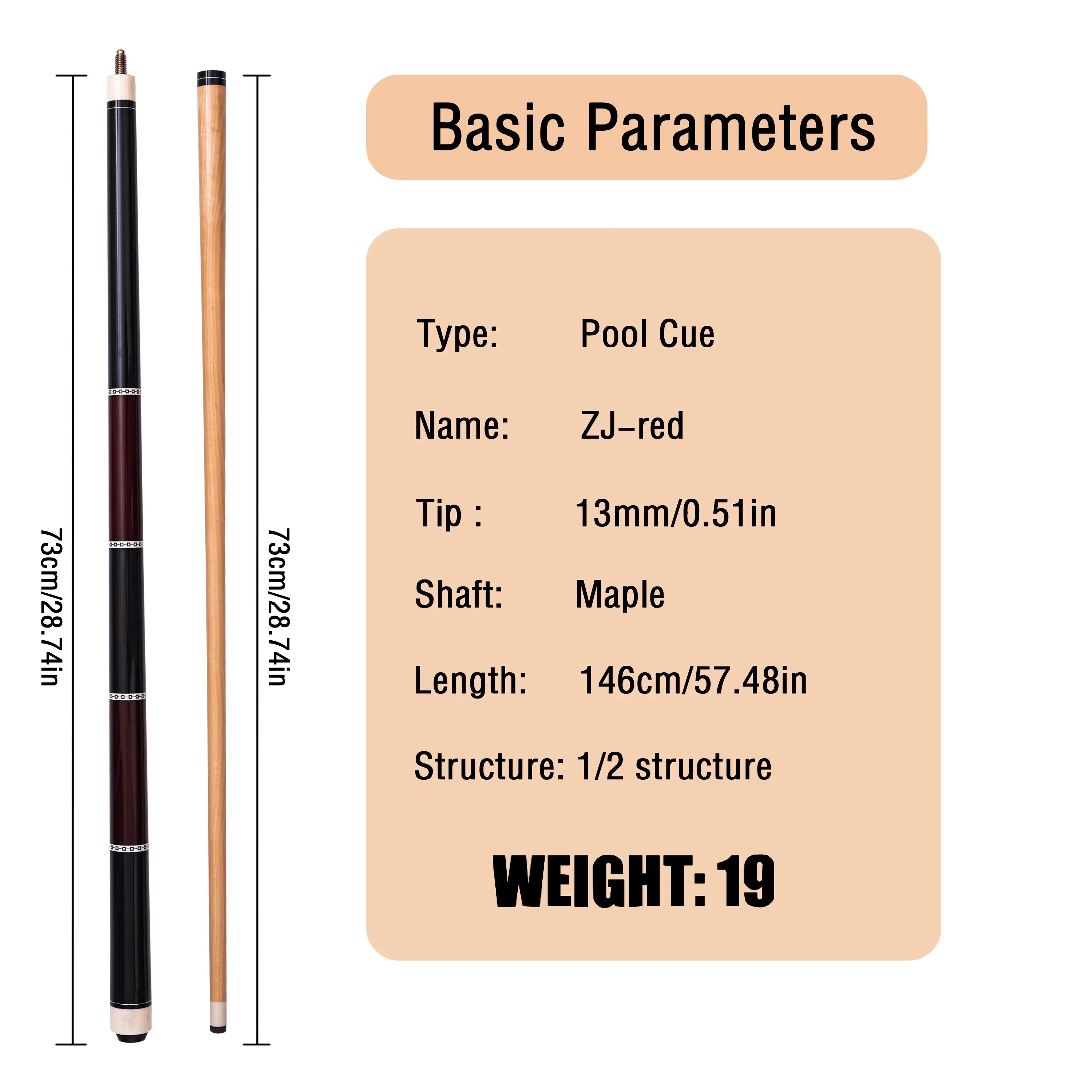 Professional 13mm Tip Pool Cue Stick with Lizard Skin Pattern Stainless Steel Joint Colorful Maple Shaft for High Precision Bill