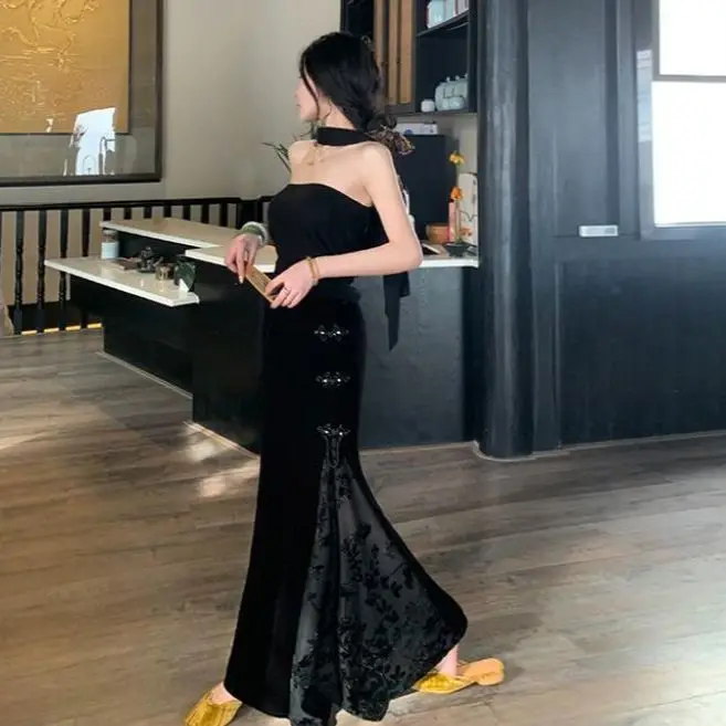 Jupes de Style chinois noir doux Vintage jupe femmes longues jupes droites en queue de poisson pour femmes taille haute haute rue automne TS533