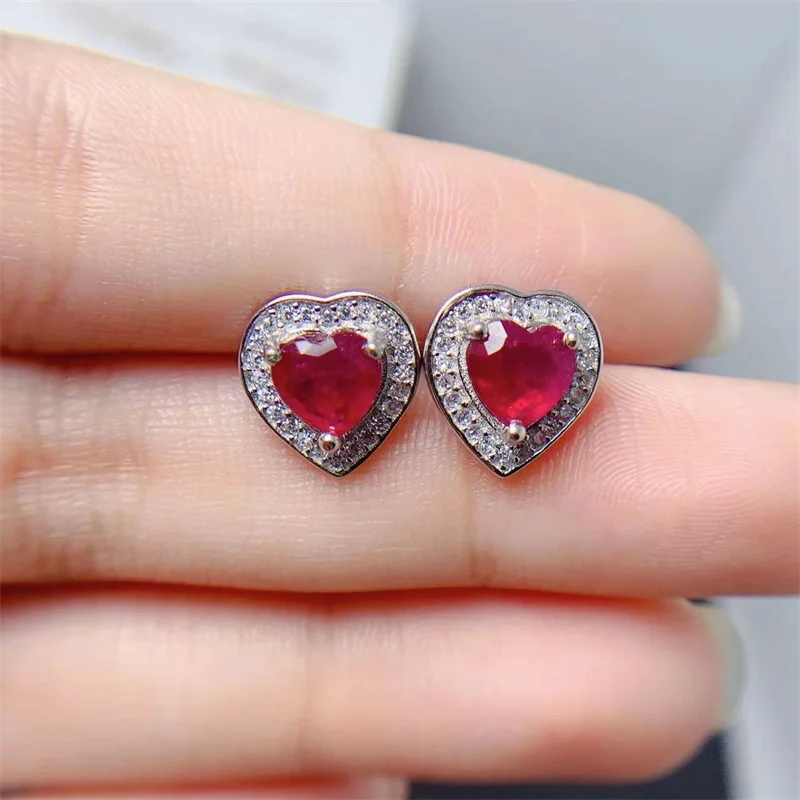 Rubin-Ohrringe in Herzform, Damenschmuck, 925er Silber, Ohrstecker mit Zertifikat
