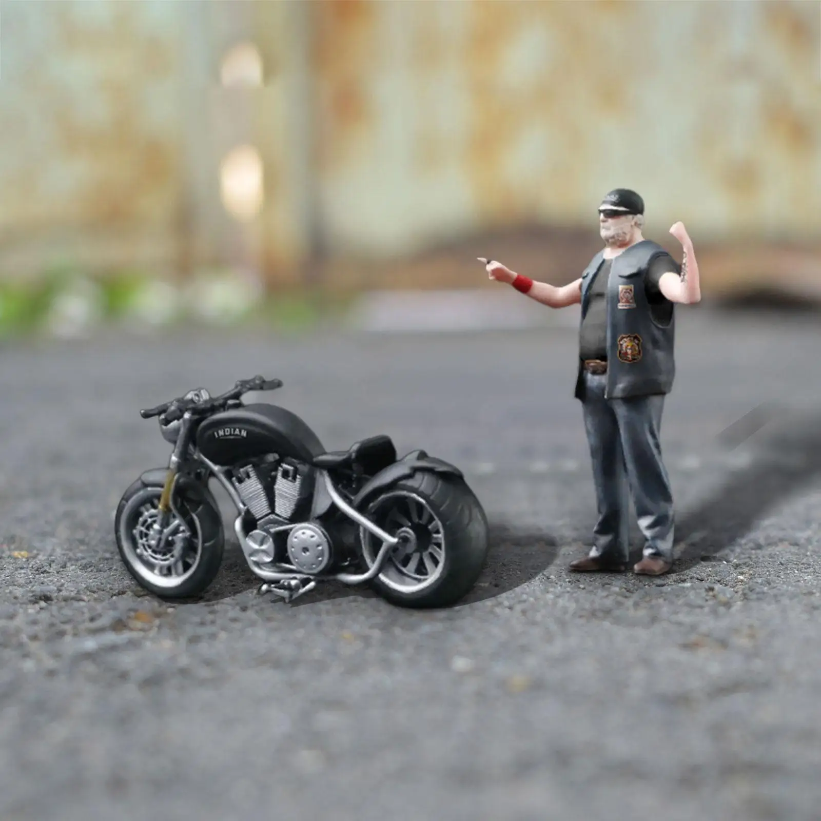 1/64 Scale Motorcycle Man Figure Resin Miniature Painted Figure for DIY Scene Dollhouse Photography Props Diorama Decoration