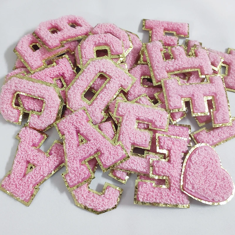 Pink Letters Sticker Patch Alphabet Towel Embroidered Chenille Patches for Clothing Bags Jacket Stick on Accessories Applique