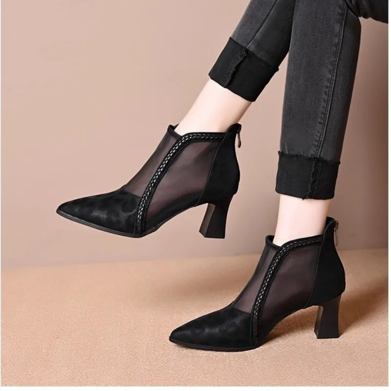 2026 New High-heeled Single Shoes for Women Pointed and Thick Heeled Sandals Mesh Breathable Spring and Summer Mesh Boots Shoes
