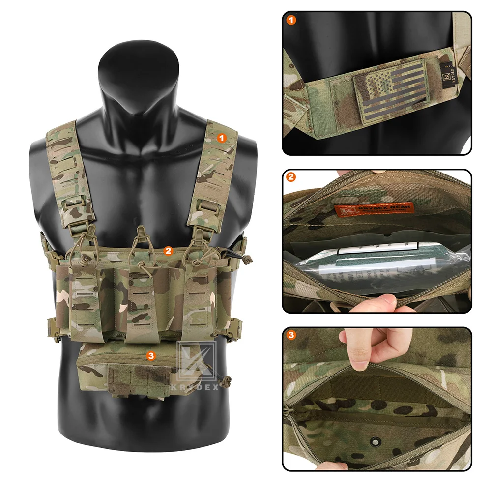 KRYDEX 500D Nylon Tactical Chest Rig Vest with Elastic Triple 556 Mag Pouch Placard Dangler Drop Pouch Hunting Airsoft Gear