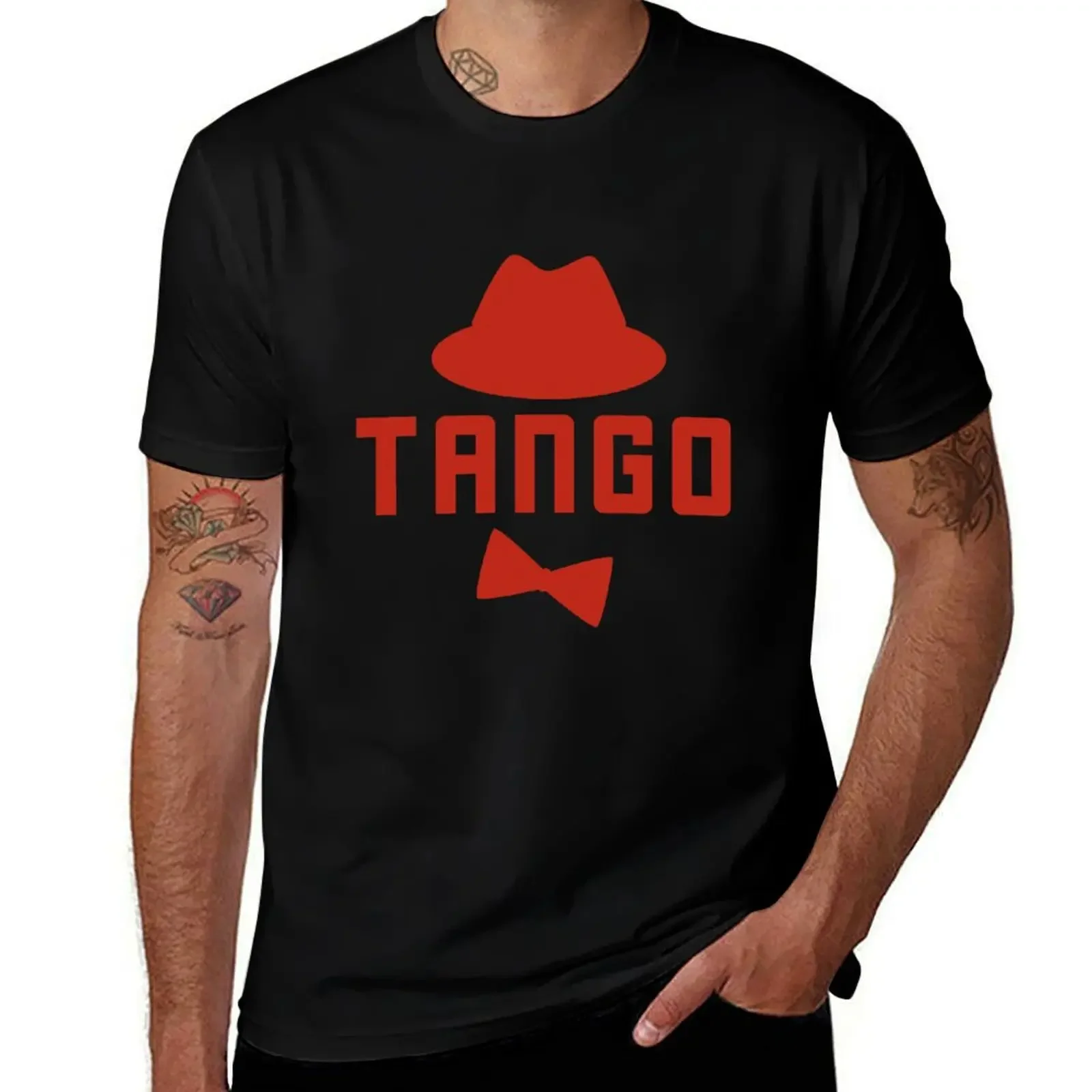 Cute Tango Art Red Fedora Hat and Bowtie T-Shirt summer shirt anime shirt Men's cotton t-shirt