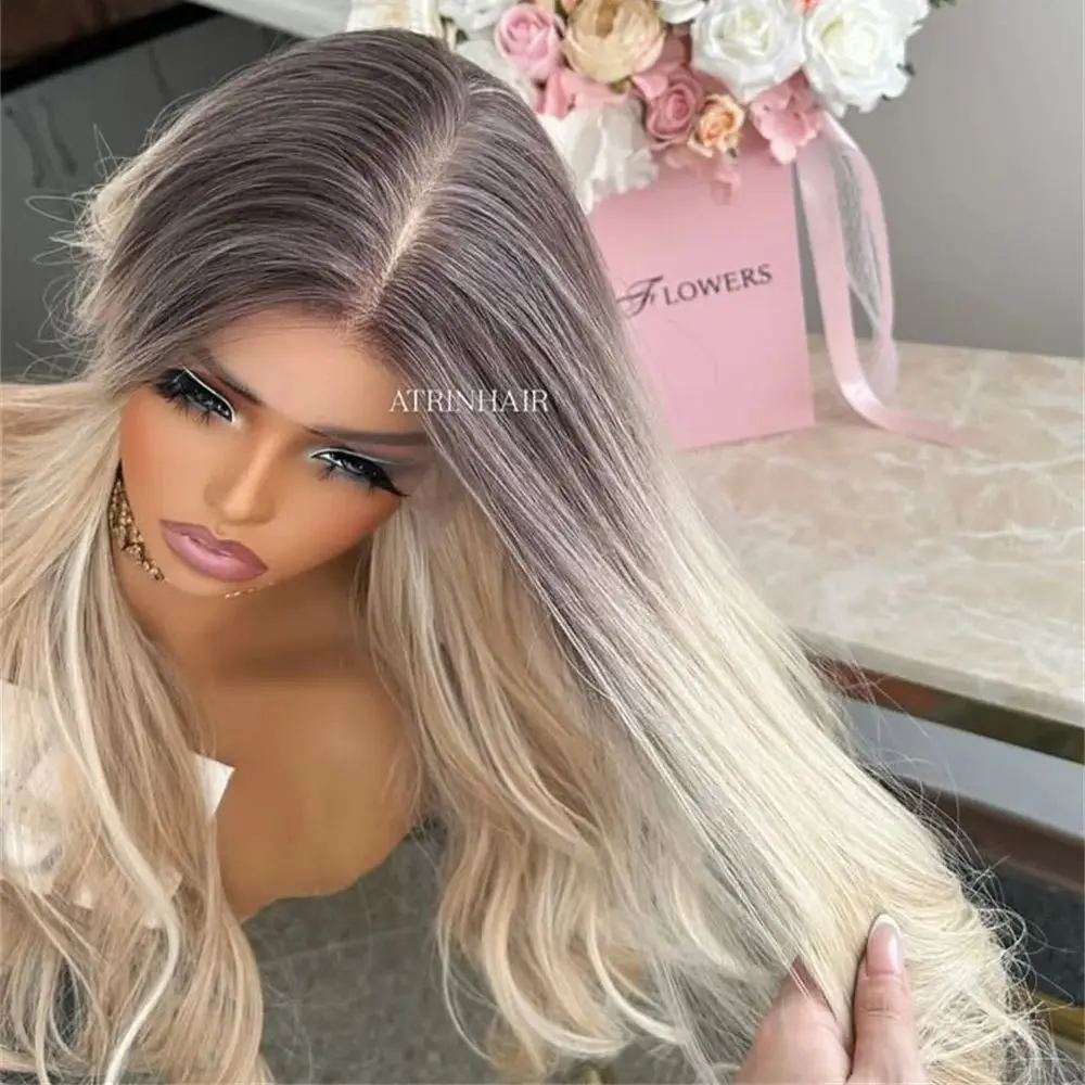 

Парик с кружевной передней частью, цвет платиновый блонд омбре с мелированием, с эффектом естественной линии роста волос, волнистый, термостойкий, синтетический, для женщин, для повседневного использования