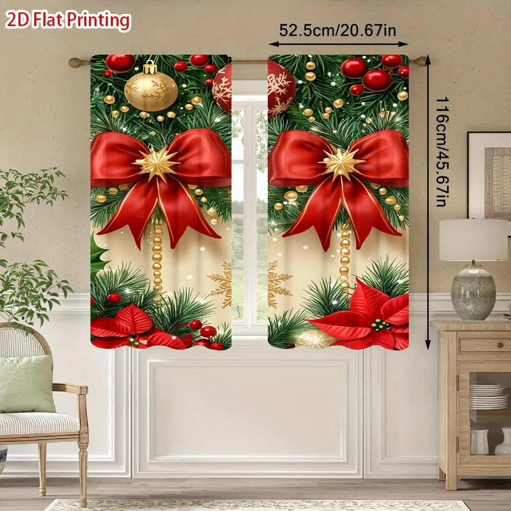 Christmas Garland Curtains 2pcs, 2D Flat Print Semi-Blackout Rod Pocket for Office Bathroom Art Deco Style Home Decor