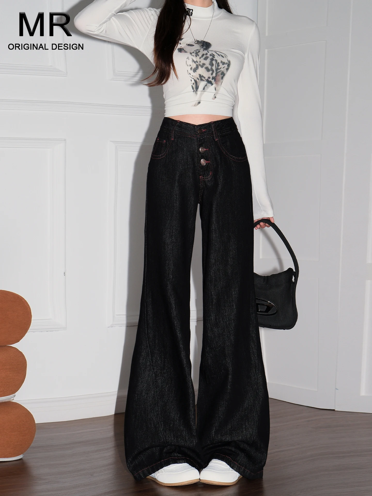 

Loose Fit Low Waist Denim Jeans Women's Summer Casual High Slit Color Block Button Placket Floor Length Trousers