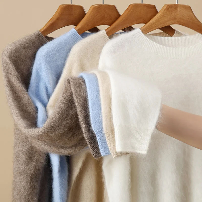 Autumn/Winter Women's 100% Cashmere Sweater Casual Solid Hoodie Tops Loose Round Neck Jumper Pulling Process Thickened Warm