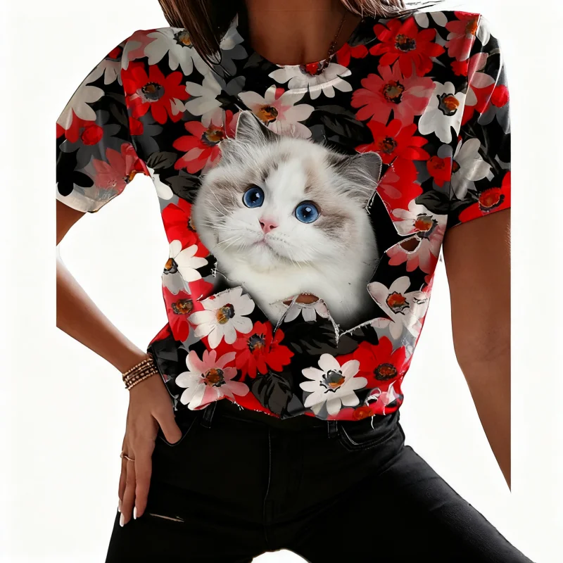 

Women's Adorable Cat Print Ripped Hole Design Floral Pattern Loose Fit Short Sleeve T-Shirt Casual Summer Cotton Crew Neck