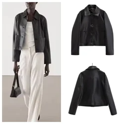 New autumn style high-grade temperament lapel black PU leather jacket for women fashionable and versatile trendy jacket