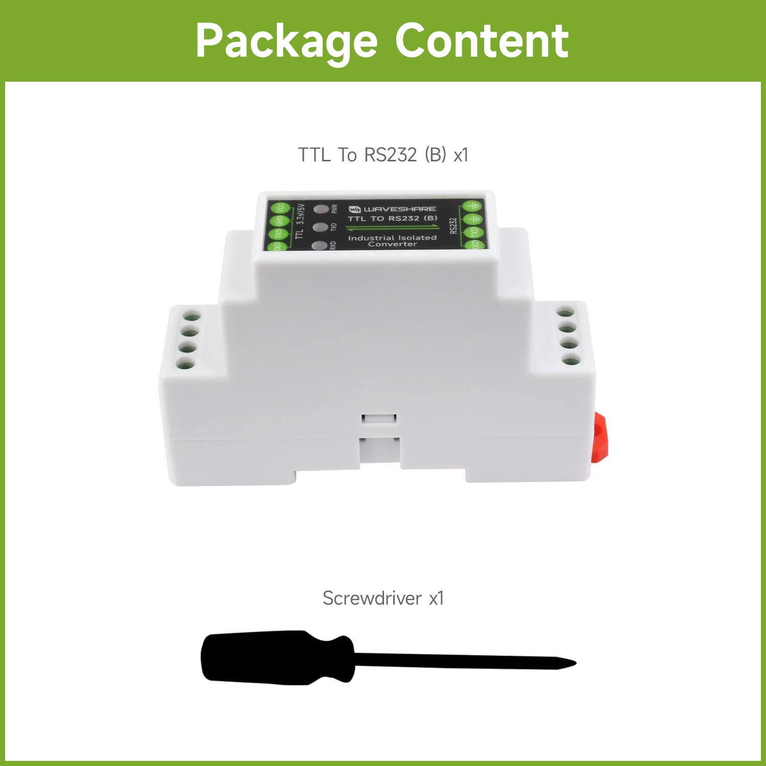 Waveshare Rail-mount TTL To RS232 Galvanic isolated Converter, TTL Serial Converter,  Full-Duplex Communication