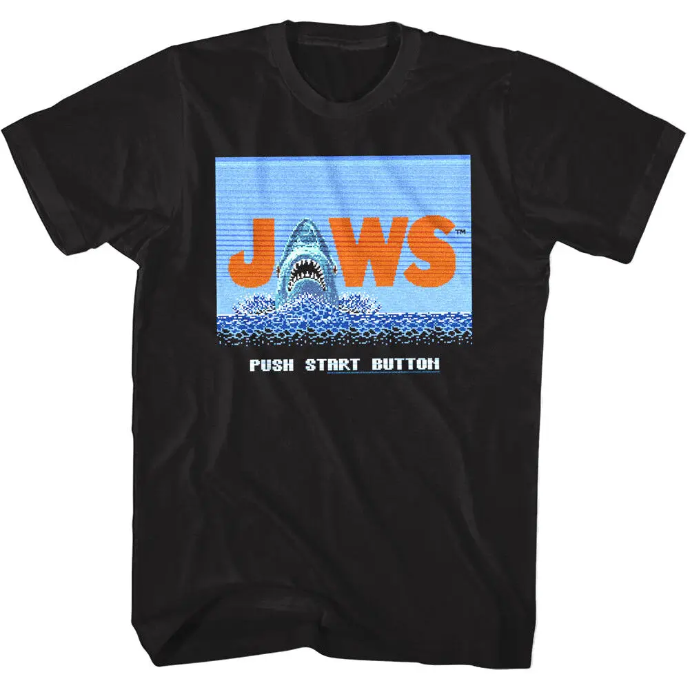 Jaws Push Start Button Men'S T Shirt Shark 8Bit Pixel Video Game Vintage