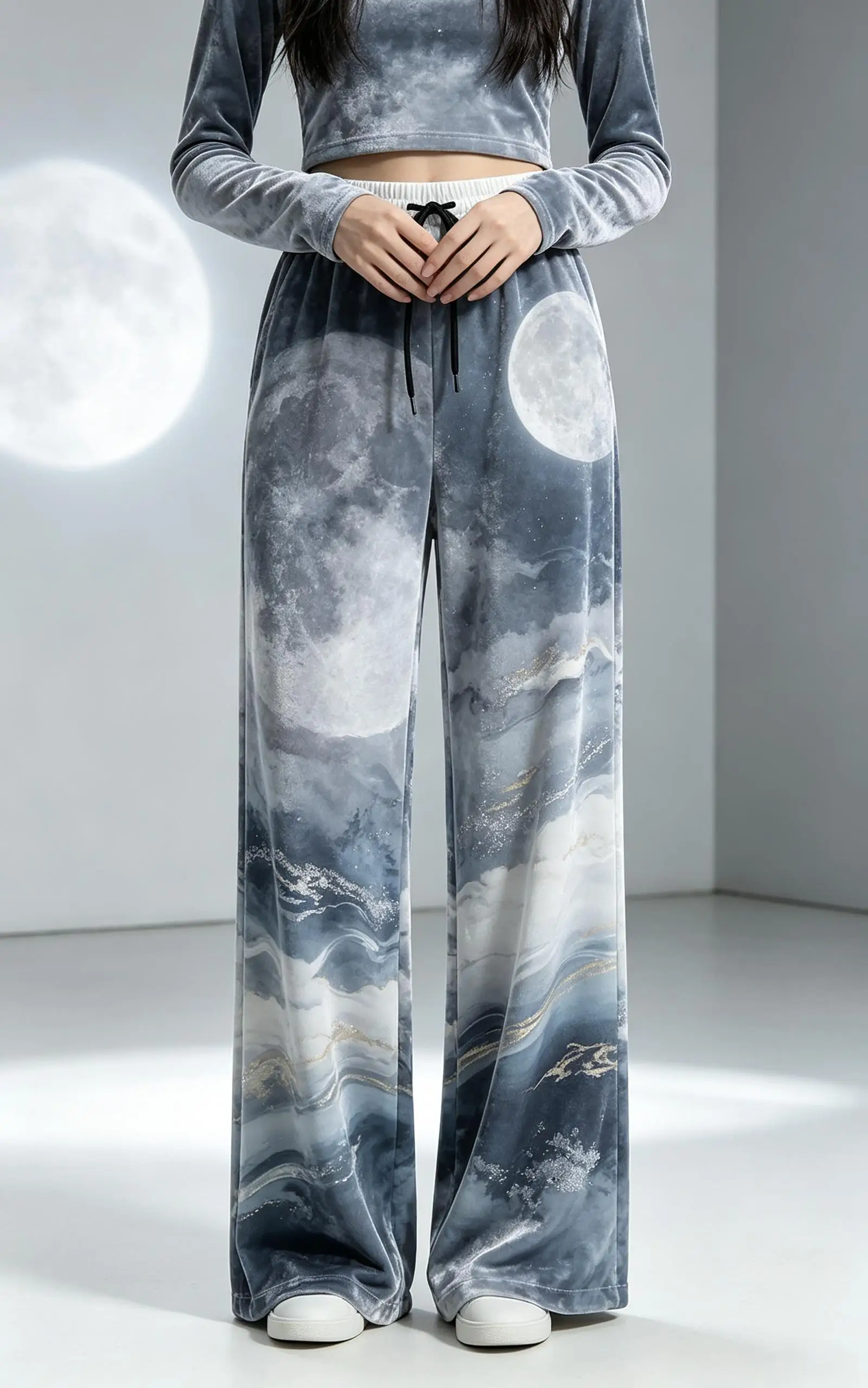 Women Drawstring Wide Leg Pants Forest Stream Deer Nature Landscape Print Loose Casual Trousers
