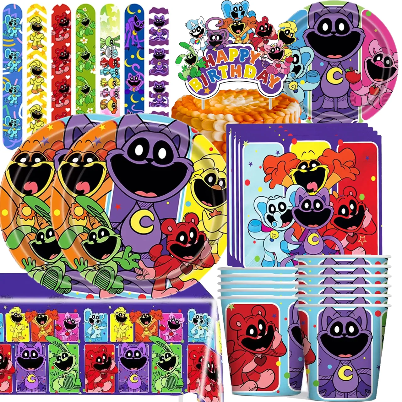 Juego de decoración de fiesta de Critters sonrientes, plato de globo, adorno de pastel, taza, mantel, suministros de fiesta de cumpleaños para niños, Baby Shower