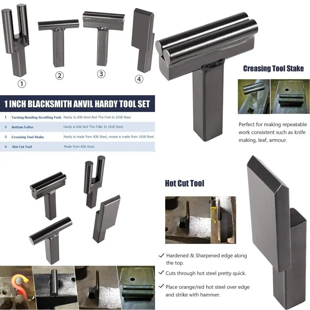 

1 Inch Blacksmith Anvil Hardy Tool Set – Hot Cut, Creasing Tool Stake, Bottom Fuller, Turning Bending Scrolling Fork