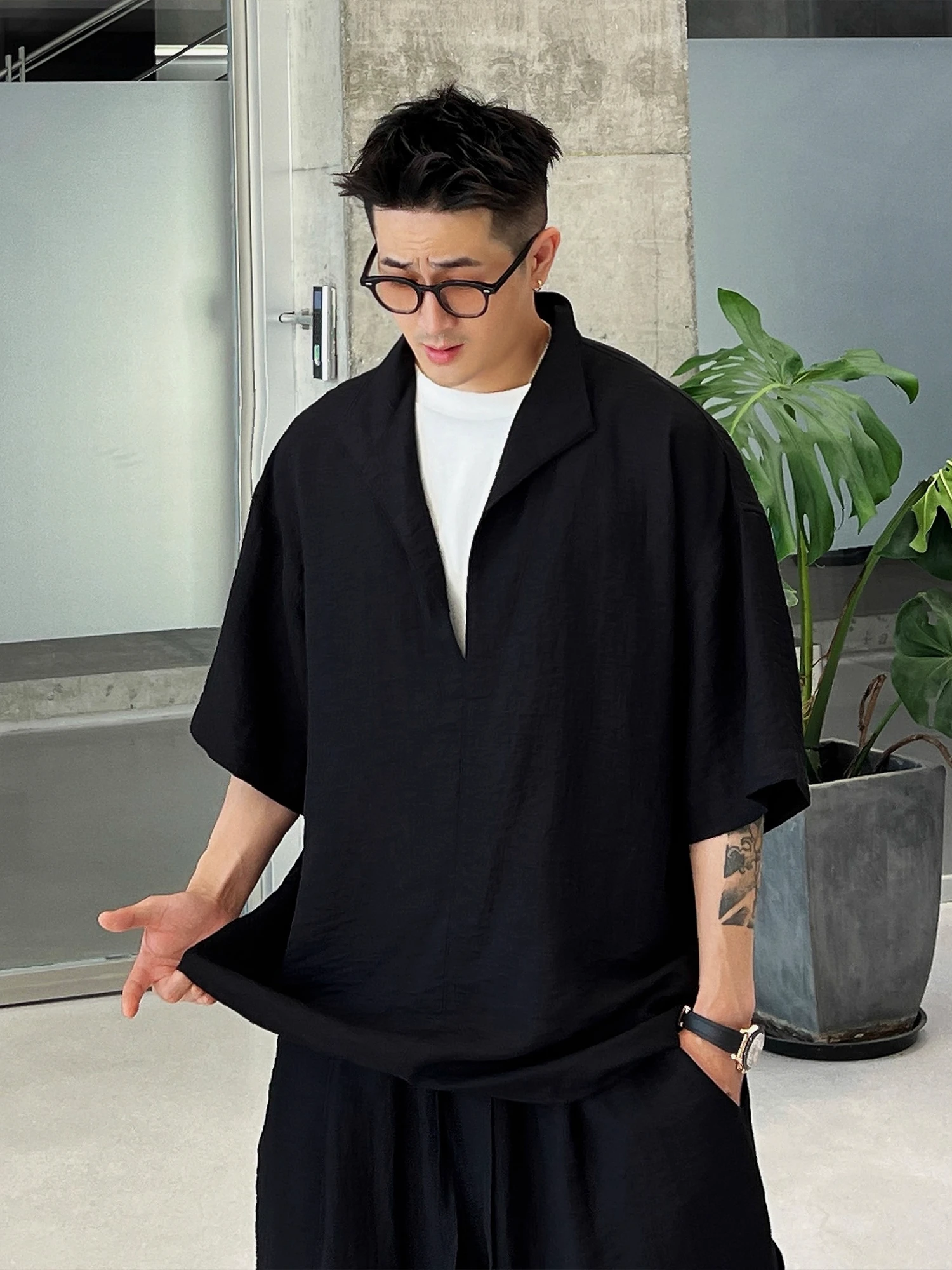 

Large Size Linen Silk Shirt Shorts Set Casual American Style Men's Fashion Two-Piece Set Summer Youth Short Sleeve T-Shirt