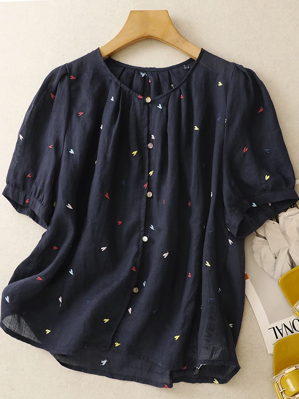 

Хлопково-льняной топ с вышивкой в стиле ретро ort Sve irt, летний элитный свободный повседневный круглый льняной топ Age-Defng Commute Sle