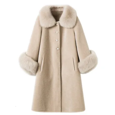 Autumn Luxury fake Fox Fur Collar Women Jacket Real Wool Fur Coats Long Warm Sheep Shearling Winter Coat Jacket