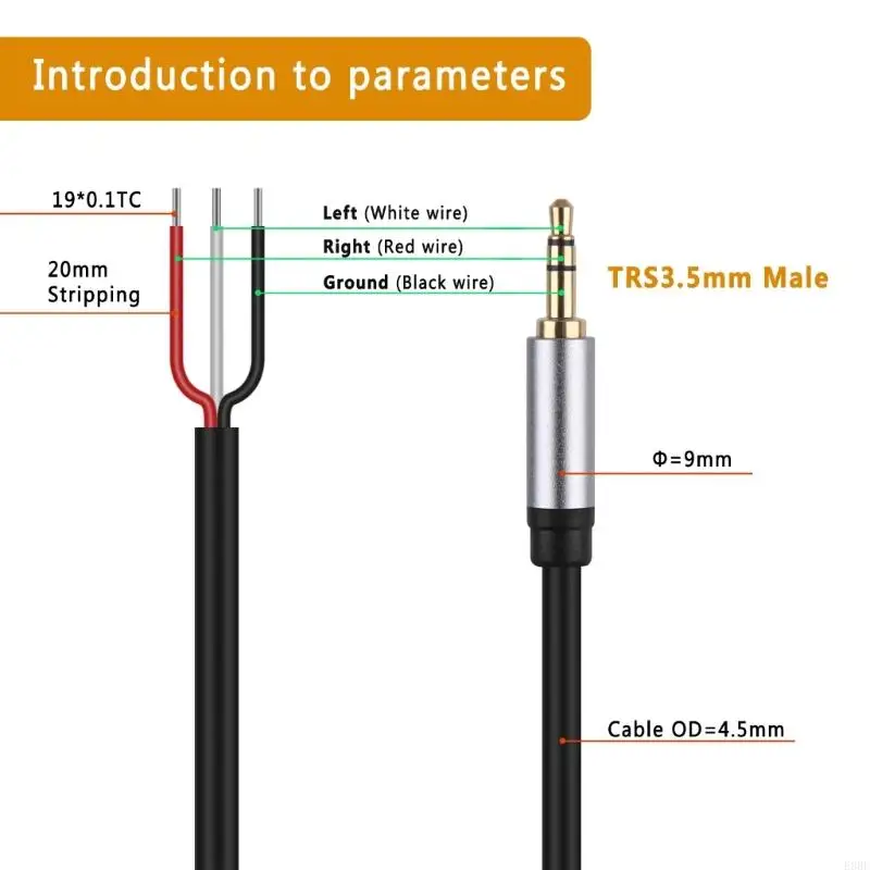 E8BE 3.5mm Male Plugs to Bare Wire Open End TRS 3Pole Stereo 1/8in 3.5mm Audios Cable for Headphone Repair Replacement