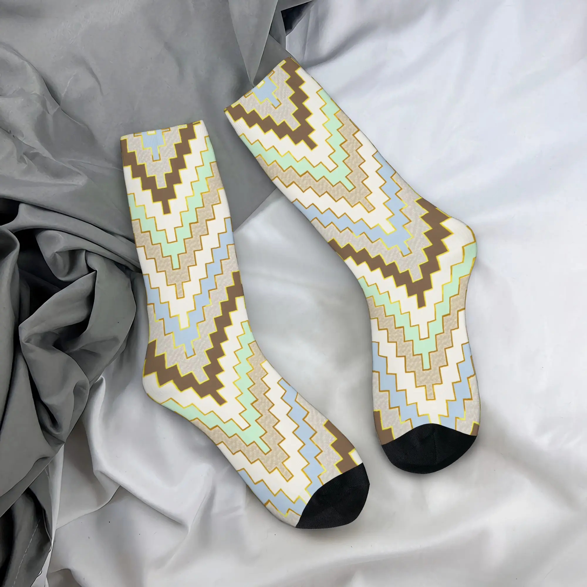 Kawaii Mens Geometric Zig Zag Luxe Chevron  Dress Socks Unisex Warm Comfortable 3D Print Blue And Mint Crew Socks